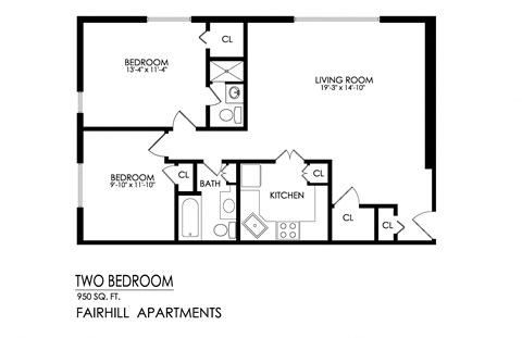 Floor plan for 2 beds, 2 baths, 950 sqft